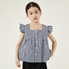 女童格子无袖衬衫2024夏季韩版休闲儿童方领短袖小飞袖娃娃衫