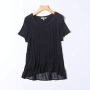 D51-2夏季女装针织弹力黑色雪纺边气质拼接垂感显瘦短袖T恤衫