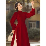 大码红色连衣裙胖mm法式显气质赫本风蕾丝，拼接长裙秋冬设计感显瘦