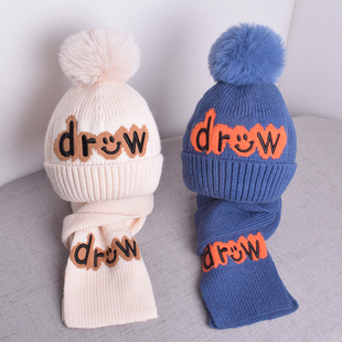 冬天保暖儿童帽子围巾两件套男女童针织套装秋冬季宝宝毛线帽时尚