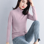 紫色纯棉高领打底衫女内搭秋冬季修身堆堆领时尚洋气长袖t恤