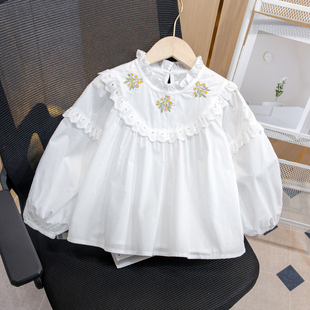 女童韩系衬衫2024秋季洋气衬衣女宝宝白色娃娃衫碎花长袖上衣
