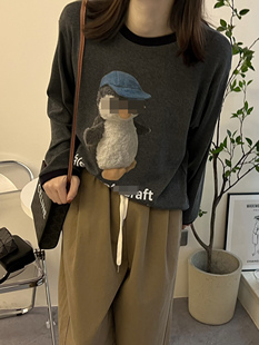 米娜家 韩国 拼色圆领带帽卡通企鹅图案长袖显瘦T恤女 H408 407
