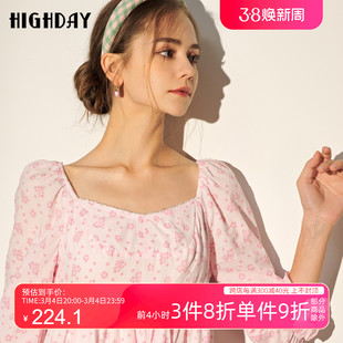 highday轩日春秋法式方领娃娃裙女甜美花朵a版7分袖宽松连衣裙ins