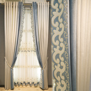 欧式客厅卧室窗帘简约蓝色意大利绒布纯色刺绣花大气法式轻奢成品