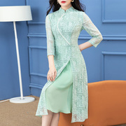 首尚格释绿色连衣裙，女夏季2023年时尚复古七分袖，拼接蕾丝裙子