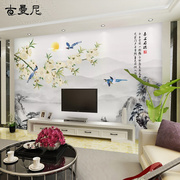 新中式山水E画电视背景墙壁纸花鸟壁画客厅影视墙纸装饰墙布3