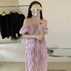 韩国chic夏季温柔香芋紫一字，领露肩褶皱，感设计泡泡袖吊带连衣裙女