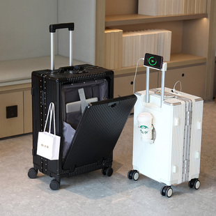前开盖商务行李箱登机旅行箱，铝框拉杆箱可充电女20寸大容量男