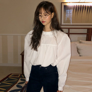韩国chic小众减龄复古娃娃领条纹设计宽松休闲百搭长袖白色衬衫女