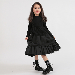 boxboxbox 女童春装2023时髦洋气文艺黑色网纱拼接长袖连衣裙