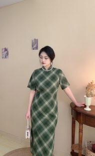 自制款大码胖mm夏季新中式，绿格子纯棉民国风改良版旗袍连衣裙