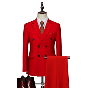 男士商务休闲套装双排扣西服套装大红色结婚正装职业装纯色外套男