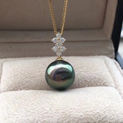 「SINJU真珠」海水大溪地珍珠吊坠18K黄金镶嵌孔雀绿色黑珍珠项链