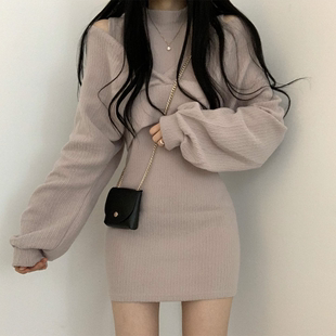 韩国chic气质性感立领无袖修身包臀连衣裙+露肩扭结灯笼袖外套女