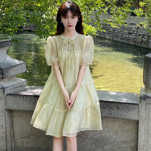 新中式盘扣小个子温柔风连衣裙夏季韩版淡黄色泡泡袖娃娃裙女