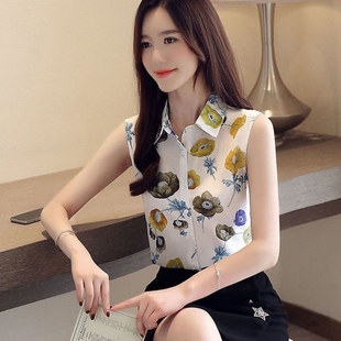 女装2023韩版无袖碎花，洋气时尚雪纺衬衫，女宽松上衣女夏季百搭
