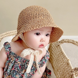 婴儿遮阳帽夏款防晒草帽超萌可爱宝宝帽子出游薄款女童蕾丝太阳帽