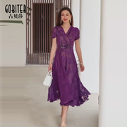 古贝莎2023夏紫色气质刺绣镶钻中老年短袖妈妈淡雅得体连衣裙