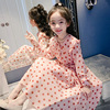 女童雪纺连衣裙2023韩版荷叶边波点长裙，小女孩清新长袖公主裙