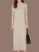 冬季羊毛半高领打底连衣裙女长款条纹，针织毛衣裙(毛衣裙)大码羊绒衫