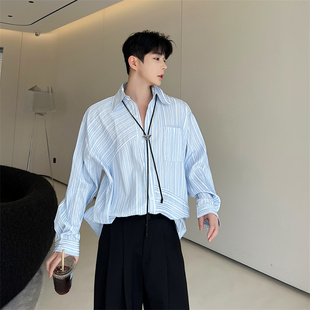夏季韩风休闲肌理感清爽不规则，蓝条纹衬衫男长袖，设计感垂感衬衣潮