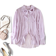 美之浪漫梦幻紫色 珠链装饰 真丝双绉衬衫上衣桑蚕丝飘带长袖衬衣