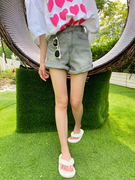  夏季韩国时尚洋气灰色斜扣可卷边百搭纯棉牛仔短裤热裤