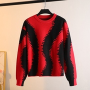 商场品质时尚毛衣红色拼色设计感小众套头宽松显瘦秋冬季打底衫女