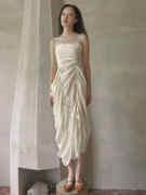 QIANYU SEN 设计师品牌 米色浅碎花吊带可调节抽褶连衣裙