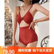 韩国ins复古红波点性感，深v吊带少女连体，泡温泉泳衣法式甜美比基尼