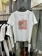 圆领套头短袖T恤女2024夏季设计感拼接蕾丝立体花朵百搭上衣