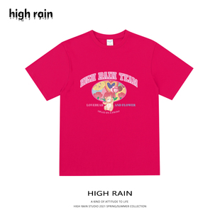 HIGH RAIN夏季显白短袖卡通小熊印花t恤男女百搭玫红纯棉半袖上衣