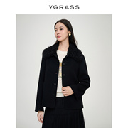 vgrass洋气黑色拼接毛领气质毛呢，短外套女冬季高级感羊毛羊绒