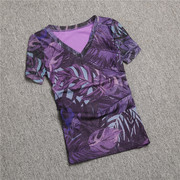 花色t恤女2024夏装时尚，v领上衣，网纱印花短袖修身显瘦紫色小衫