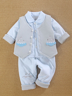 0一3个月男宝宝装薄棉套装春秋冬款新生儿外出服婴儿衣服三件套季