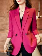 玫红色外套小西装女气质，高级感秋冬洋气，小个子西服中长款套装
