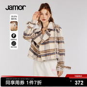 Jamor冬季英伦风复古格纹大翻领外套女气质短款呢子大衣