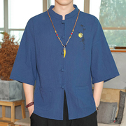 中国风棉麻男衬衫复古风唐装，夏季中式立领，中山亚麻短袖半袖上衣服