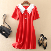 连衣裙女夏法式2021短袖红色修身名媛欧根纱娃娃领气质小裙子