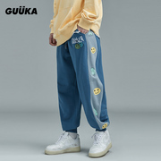 guuka潮牌蓝色拼接卫裤男春秋，学生嘻哈侧缝印花运动束脚裤子宽松