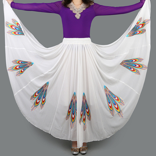 新疆舞蹈大摆裙民族风广场舞雪纺双层半身裙绣花中长款跳舞演出服