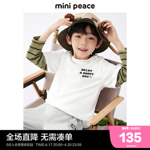 minipeace太平鸟童装男童白色，长袖t恤儿童，假两件春装山系上衣