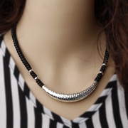 手工银月牙项圈s925纯银，大小号拉丝，凹面弯管编绳项链个性夸张女款