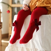 女童大红袜子ins秋冬新年宝宝婴儿蝴蝶结，加绒可爱洋气公主连裤袜