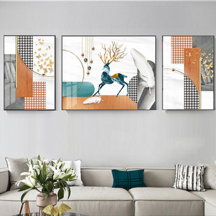 北欧简约客厅装饰画三联画创意橙色沙发背景墙挂画现代轻奢晶瓷画