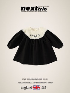 英国Next女童黑色连衣裙秋装长袖2023裙子刺绣花边蕾丝公主裙