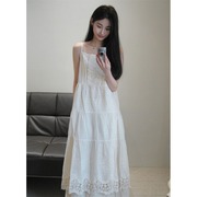韩系蕾丝拼接吊带连衣裙女白色，夏季法式仙女裙叠穿长裙裙子