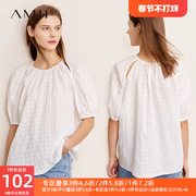Amii法式短袖雪纺衫女圆领镂空暗纹2023夏季宽松遮肚简约上衣
