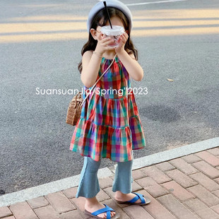 儿童沙滩裙夏季韩国童装女童，彩色格子吊带裙宝宝背心裙子洋气